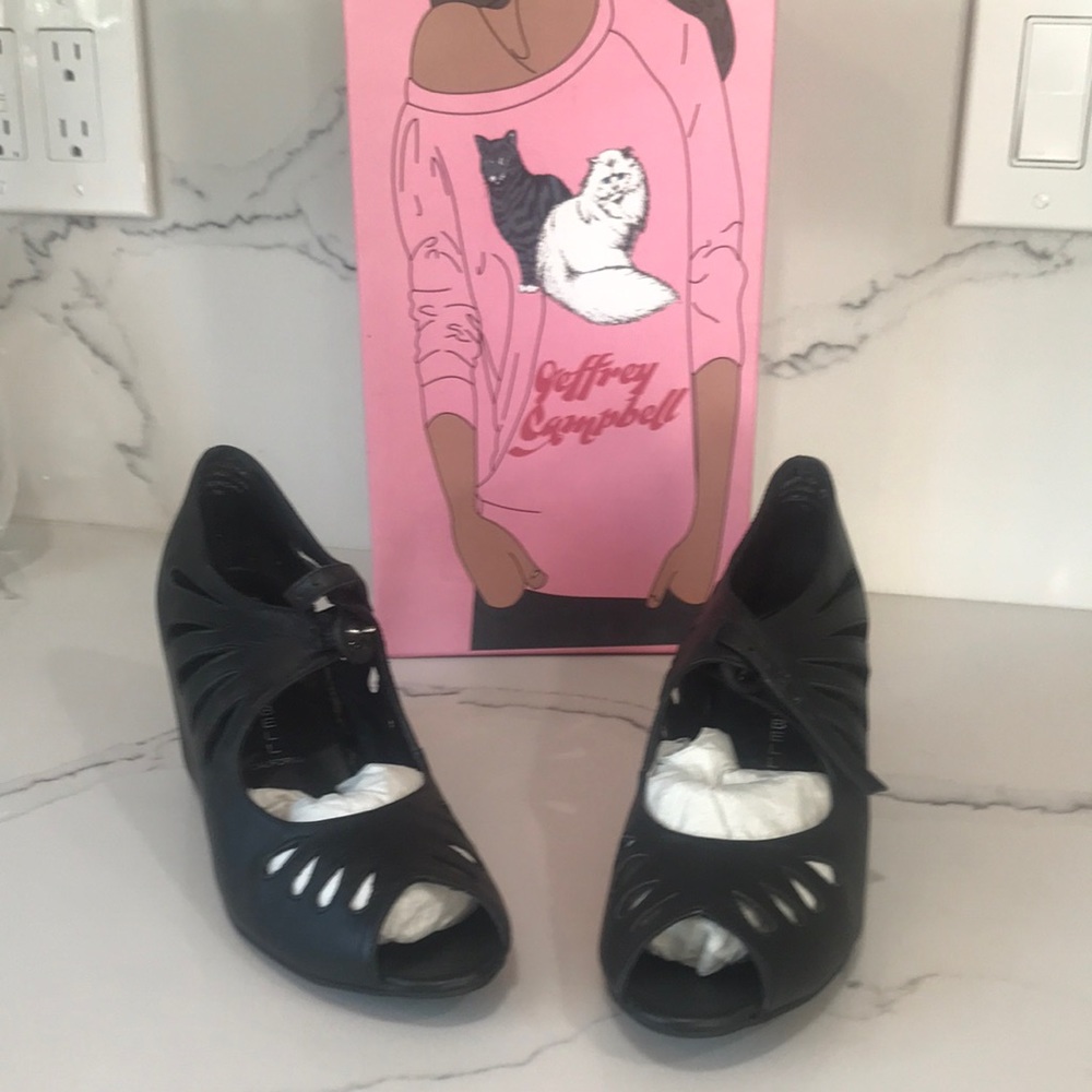 Jeffrey Campbell Edna 7 black leather wedge sandal